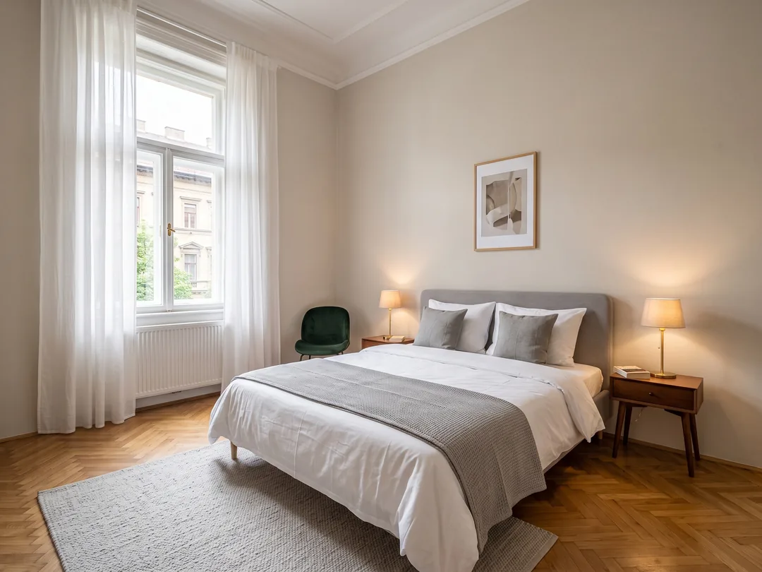 Hangulatkép: hálószoba egy budapesti apartmanban